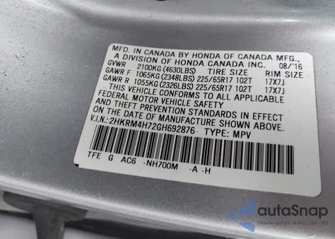 2016 Honda Cr-V Ex-L from USA, damaged, VIN 2HKRM4H72GH692876